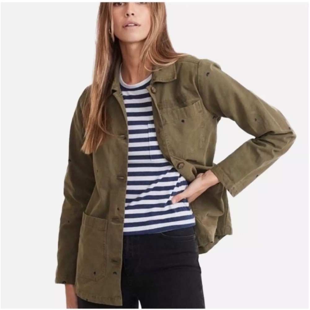 Marine Layer Chore Coat Organic Cotton Olive Embroidered Trucker Jacket - Picture 7 of 12